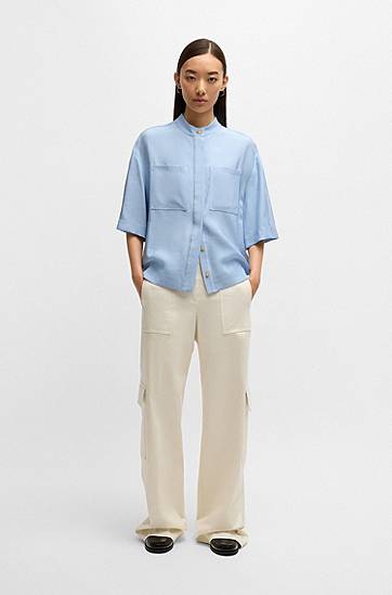 Košeľa BOSS Relaxed-Fit Twill Stand Collar Blouse Modrá | 50530571, 1