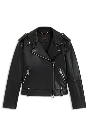Bunda BOSS Grained Leather Jacket with Silver-Tone Trims Čierna | 50541769