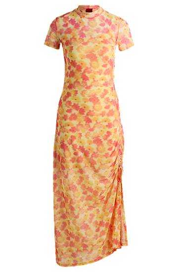 Šaty BOSS Floral-Print Mesh Midi Dress with Ruched Side Žltá | 50537179, 0