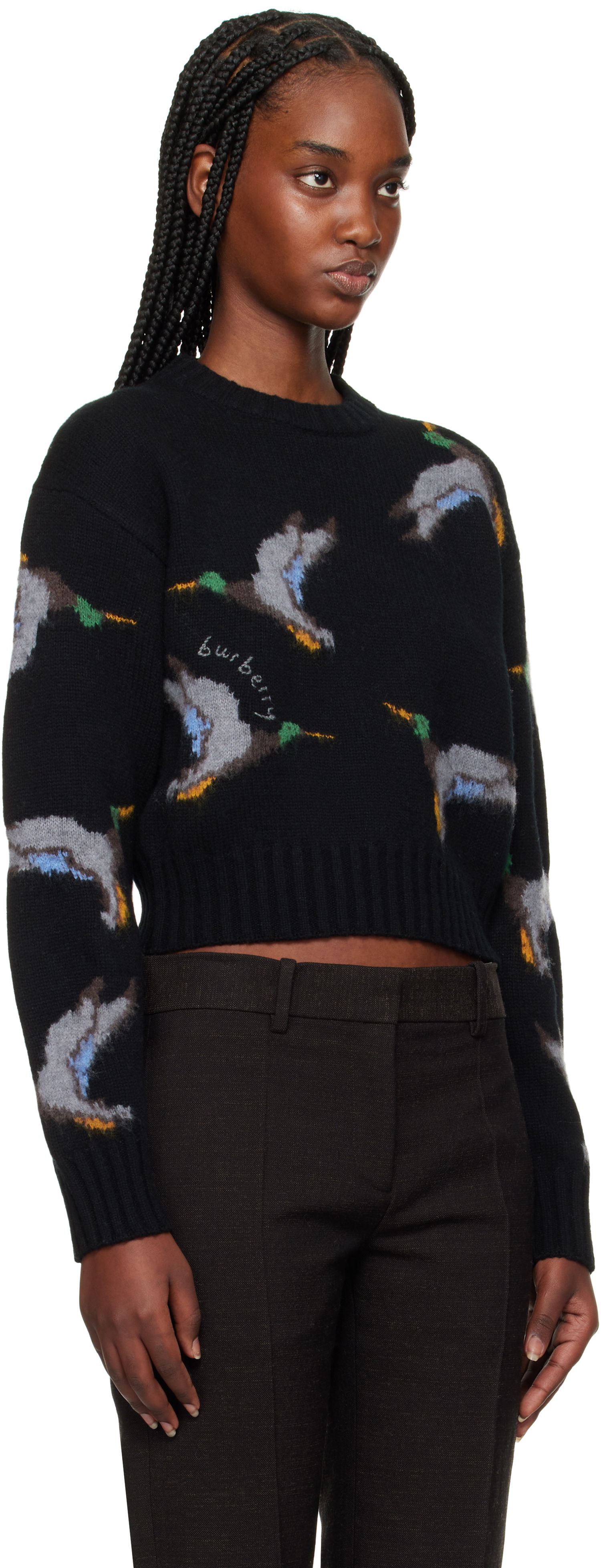 Sveter Burberry Burberry Cropped Duck Intarsia Wool Sweater Čierna | 8103057, 1