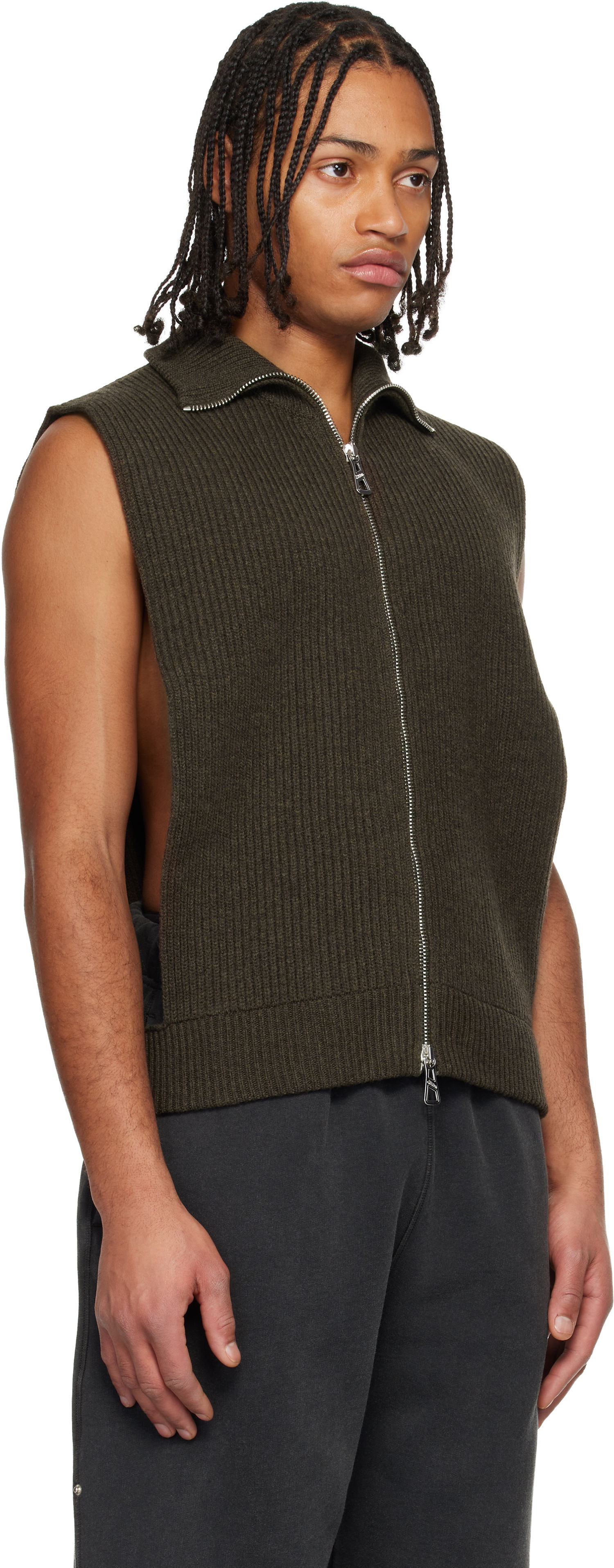 Vesta Jean Paul Gaultier Jean Paul Gaultier Ribbed Knit Collared Full-Zip Sweater Vest Zelené | 25/04-W-PO028-K014-38, 1