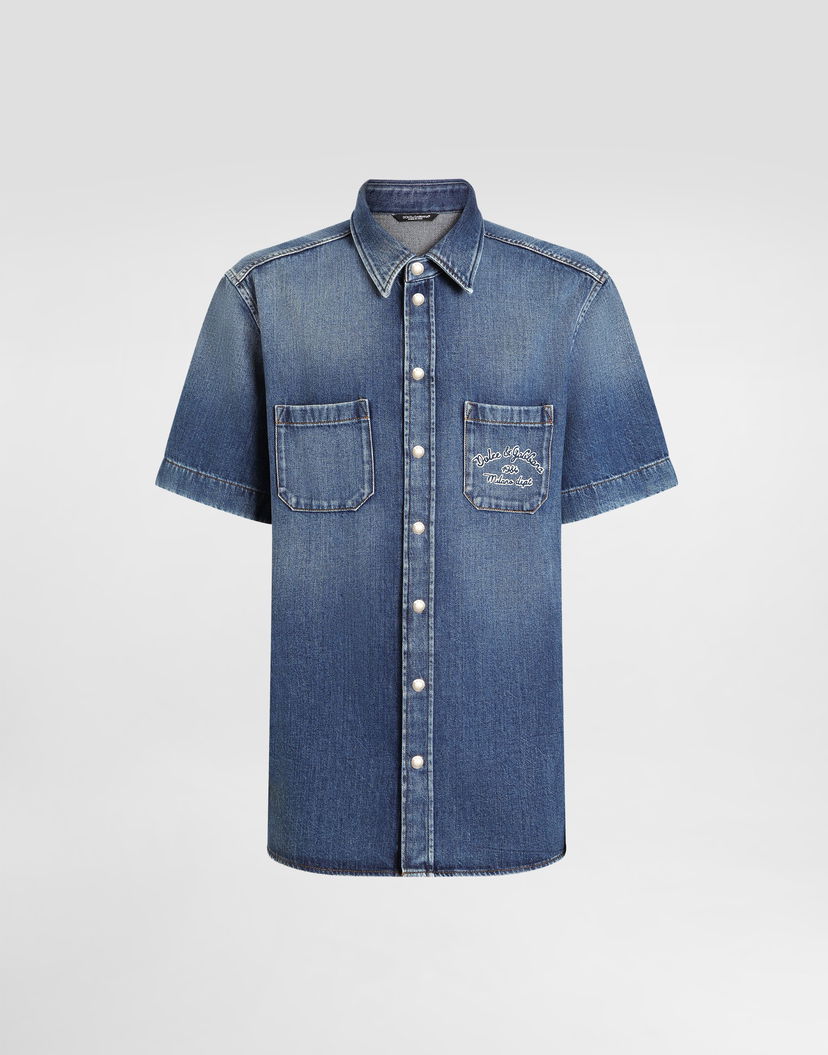 Košeľa Dolce & Gabbana Dolce & Gabbana Short-Sleeved Denim Shirt with Embroidered Logo and Chest Pockets Modrá | G5MQ8ZG8MK5S9001