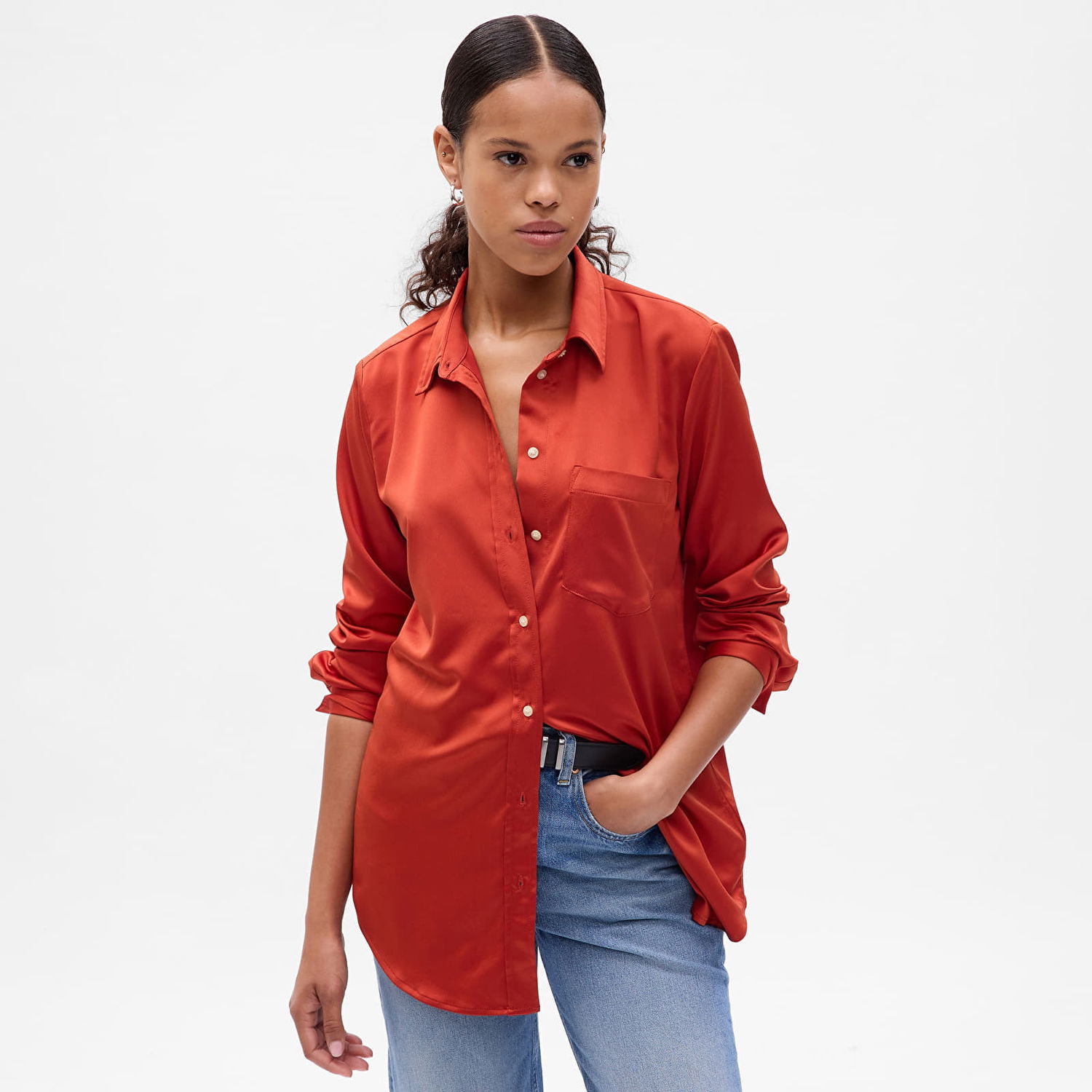 Košeľa GAP Shirt Satin Boyfriend Shirt Cornucopia S Červená | 742560-04, 0