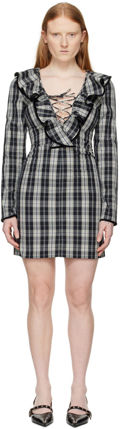Šaty GANNI Plaid Ruffle Lace-up Long-sleeve Minidress Rôznofarebný | F8749