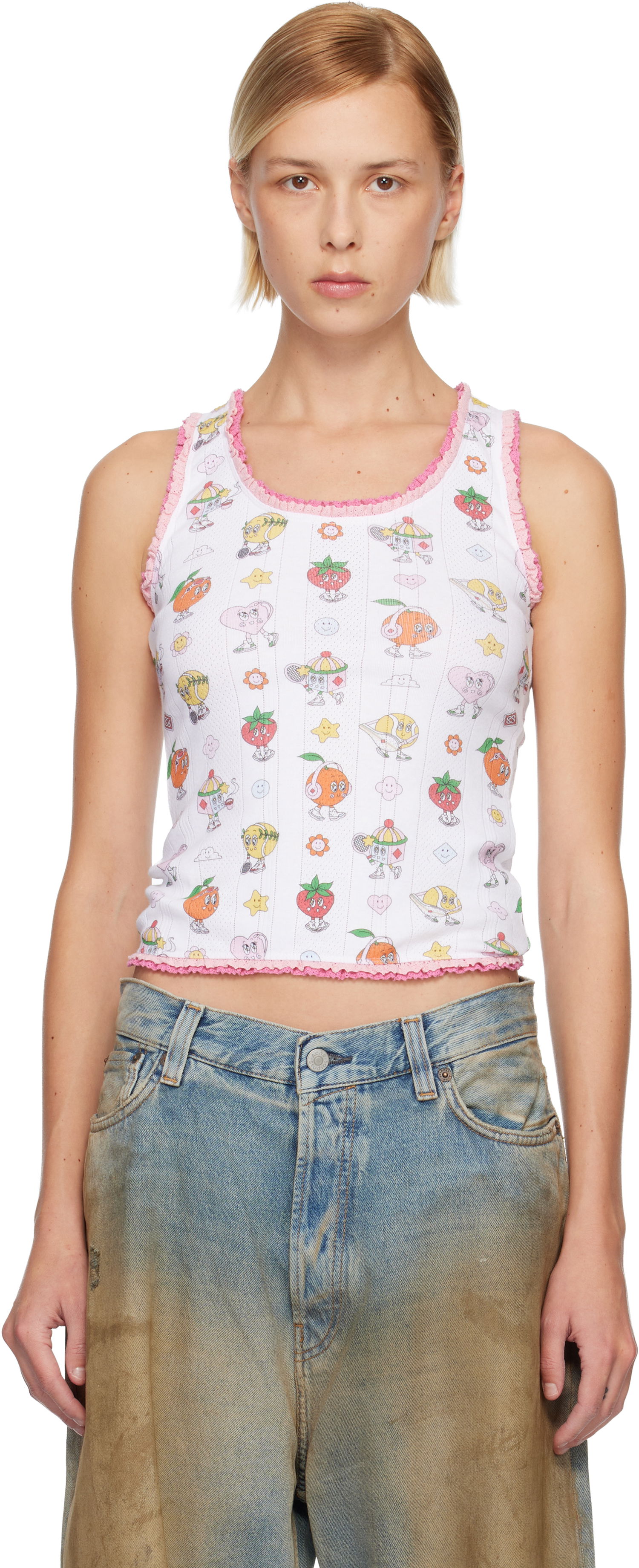Tielko Casablanca Cartoon Print Ribbed Frill Tank Top Biela | W-AW25-JTS-053-01, 0