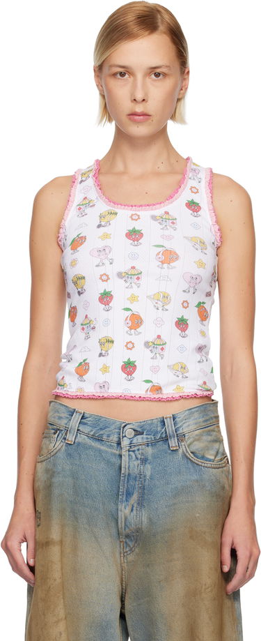 Tielko Casablanca Cartoon Print Ribbed Frill Tank Top Biela | W-AW25-JTS-053-01, 0
