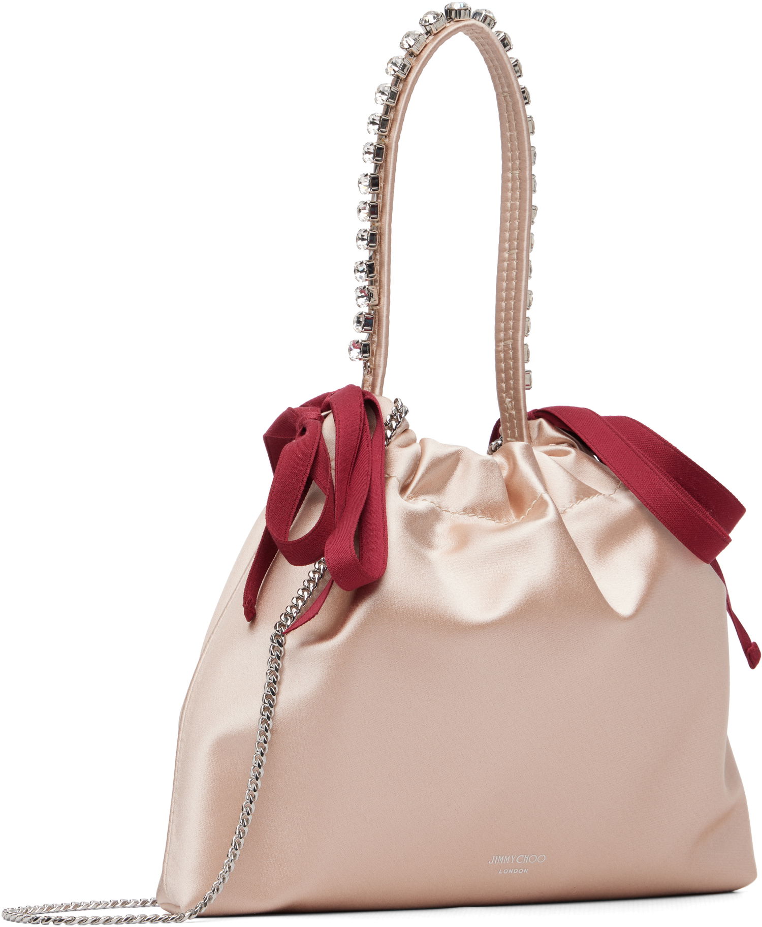 Kabelka Jimmy Choo Satin Drawstring Mini Bag with Crystal Top Handle and Red Bows Béžová | DRAWSTRING MINI TH, 1