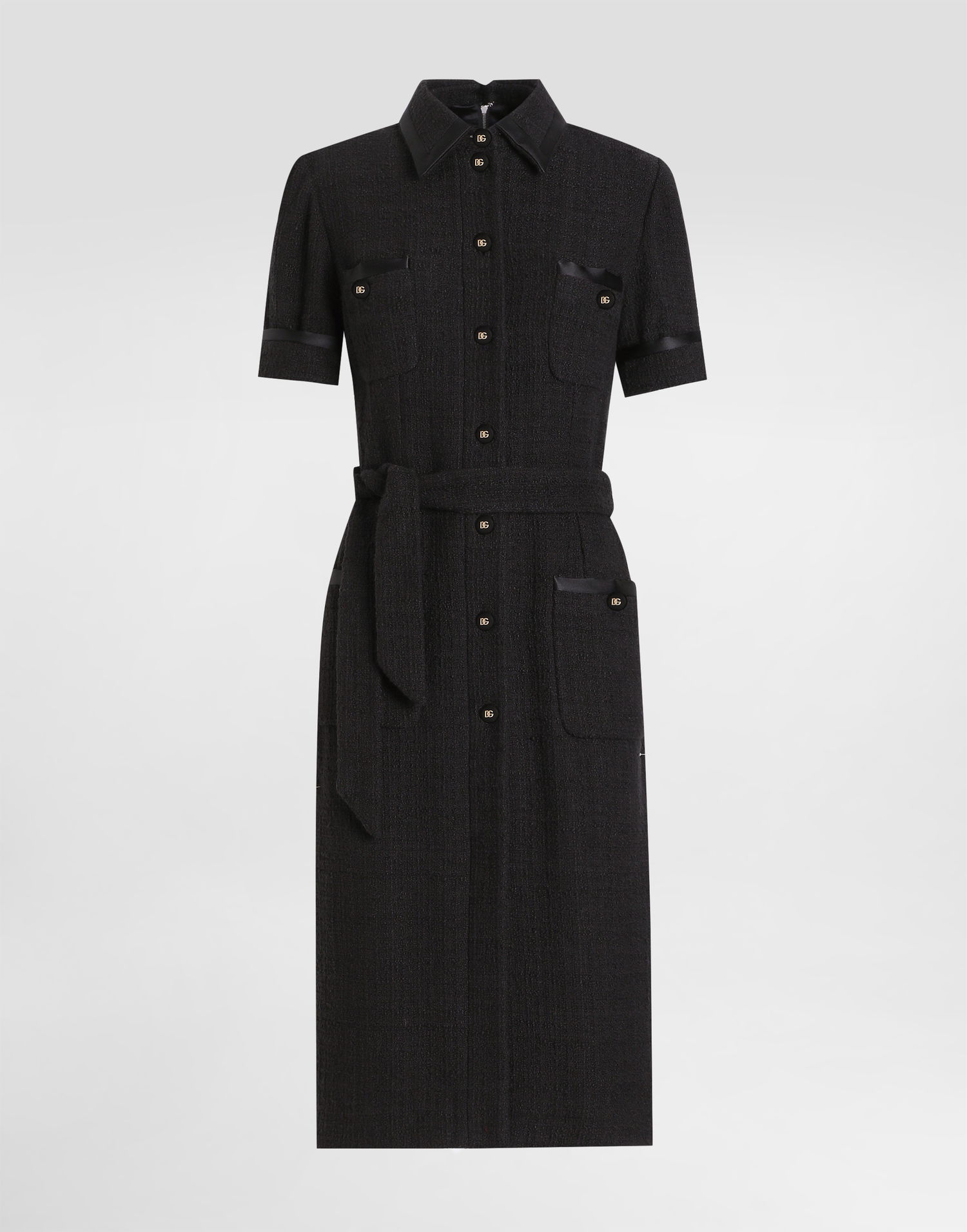 Šaty Dolce & Gabbana Dolce & Gabbana Calf-Length Raschel Tweed Dress with Sateen Details Čierna | F6JSZTFMTACN0000, 0