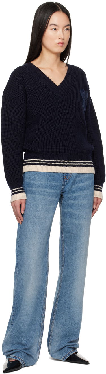 Sveter AMI AMI Paris Wool Ribbed V-Neck Sweater Navy | UKS268.KN0068, 3