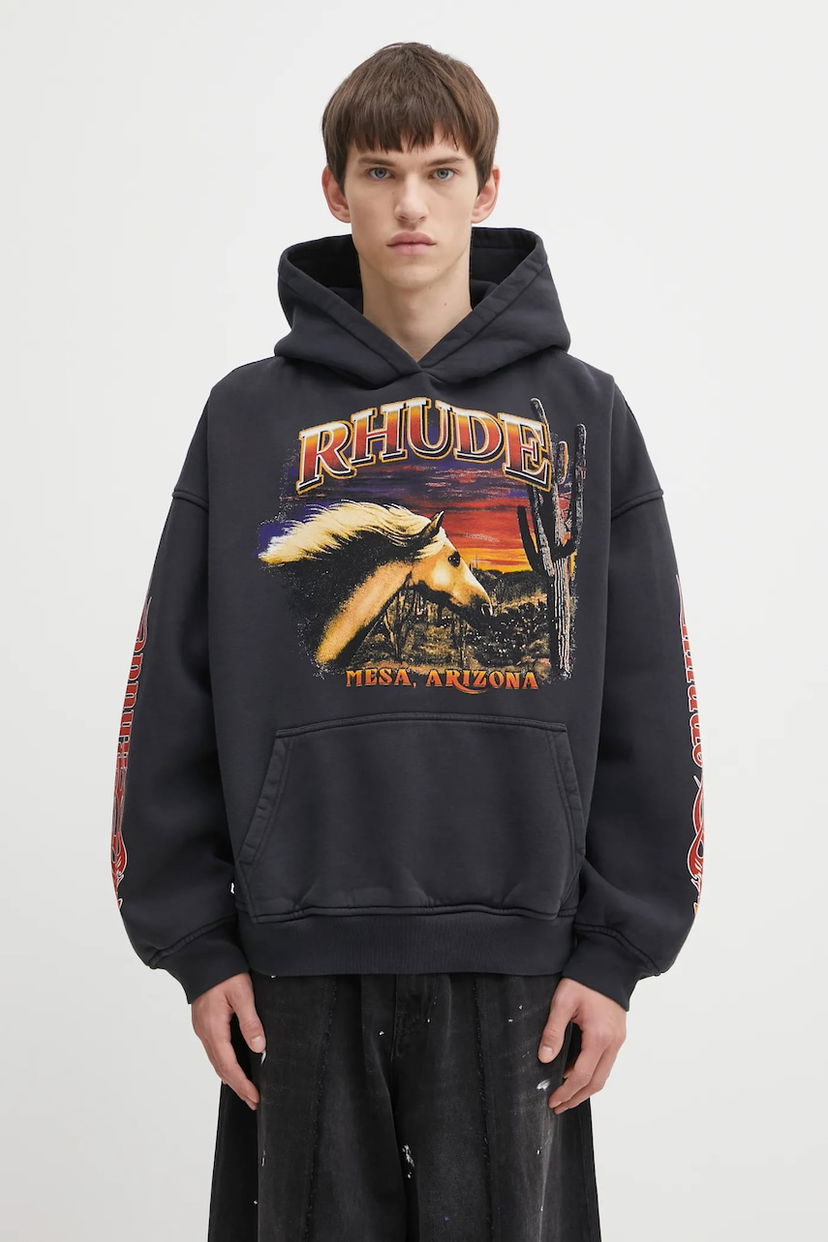 Mikina Rhude Cotton Graphic Hooded Sweatshirt Mesa Arizona Stallion Čierna | RHFW25HO04012