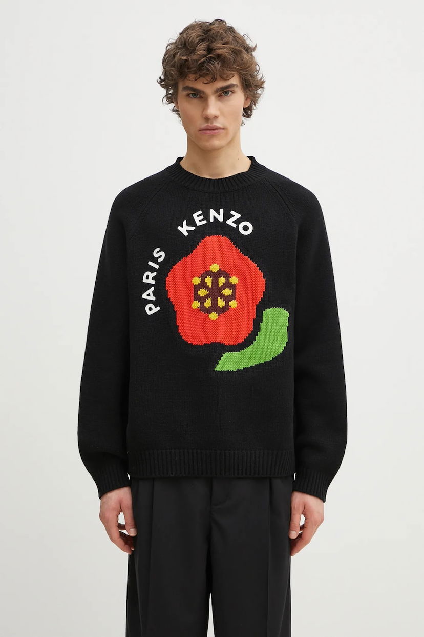 Sveter Kenzo Pop Collection Wool Warm Sweater with Red Flower Paris Design Čierna | FF55PU7223LA.99J