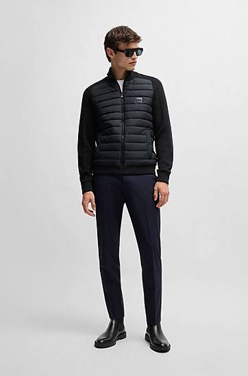 Prešívaná bunda BOSS BOSS Mixed-Material Zip-Up Jacket with Logo Badge Čierna | 50526835, 1