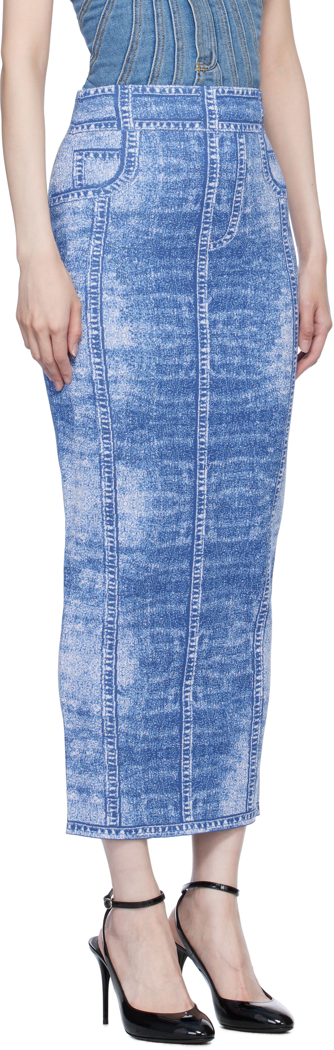 Sukňa Balmain Denim Effect Knit Midi Skirt Modrá | EF1LD475KH80, 1