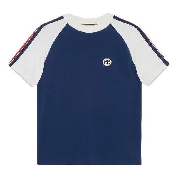 Tričko Gucci Gucci Cotton Jersey T-Shirt with Interlocking G Patch Modrá | 752191-XJFR5-4912