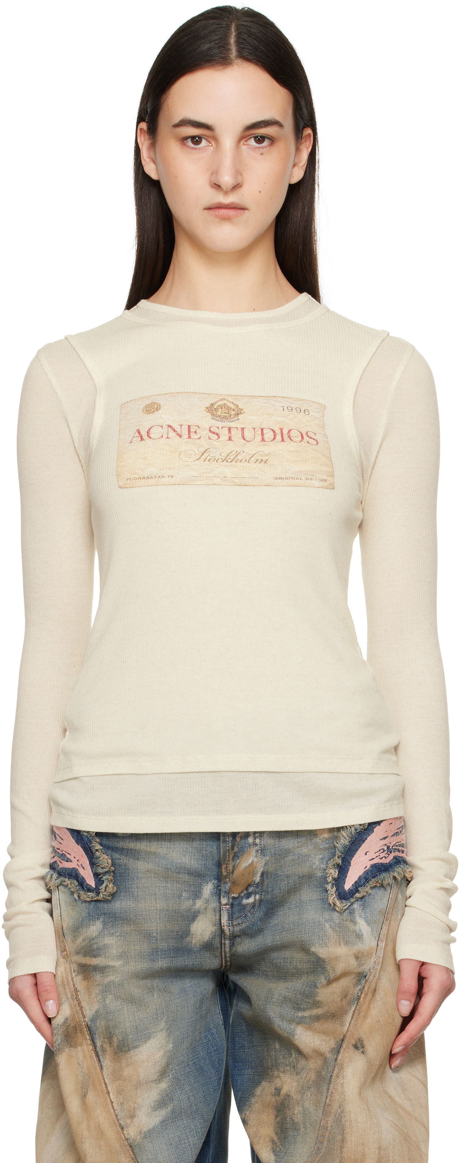 Tričko Acne Studios Acne Studios Double-layered Long Sleeve T-Shirt Béžová | AL0435-, 0
