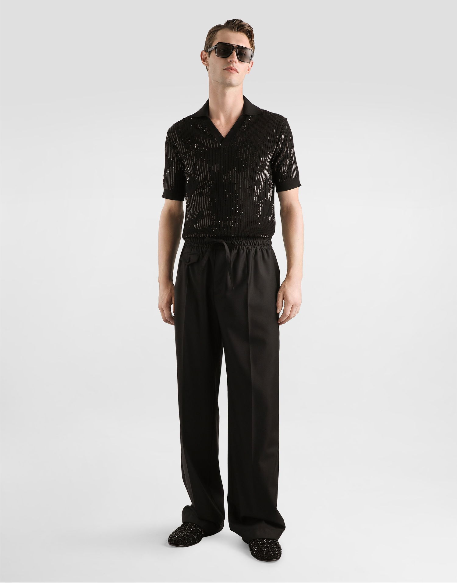 Polo tričko Dolce & Gabbana Wool And Silk Knitted Sequin Polo Shirt Collection Čierna | GXZB5ZJGMEIN0000, 1