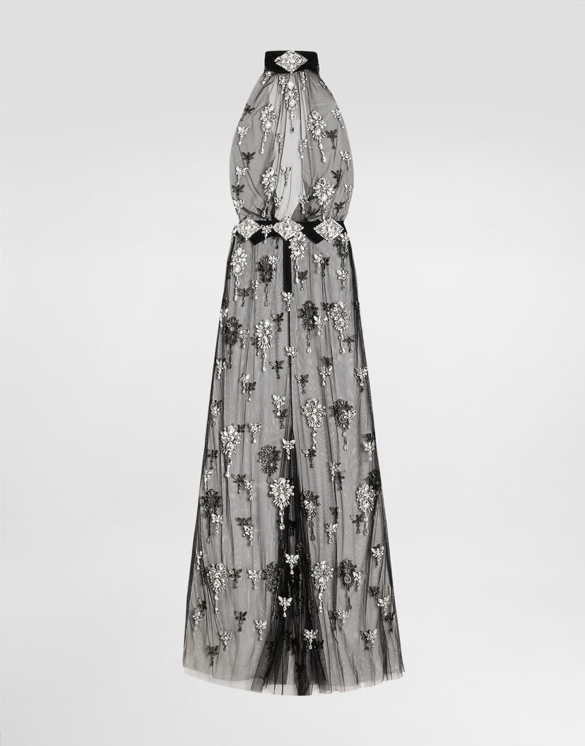 Šaty Dolce & Gabbana Dolce & Gabbana Rhinestone Embroidered Tulle Maxi Dress Čierna | F60D9ZGDDF3S8400