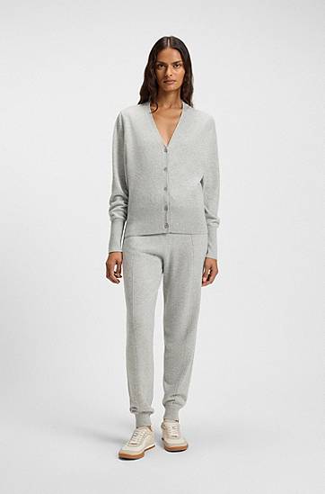 Sveter BOSS Relaxed-fit V-neck button-front cardigan in cashmere with ribbed trims Šedá | 50548814, 1