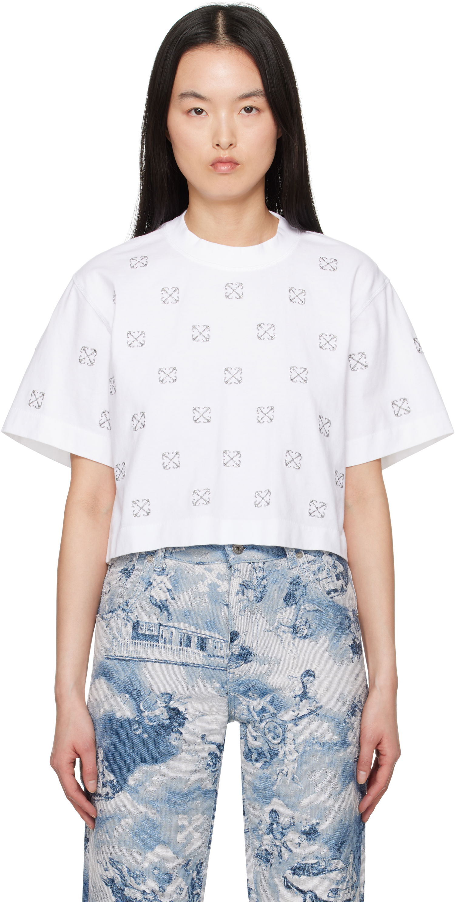 Crop Top Off-White Off-White Little Arrows Lurex Crop T-Shirt Biela | OWAA090S25JER0040172, 0