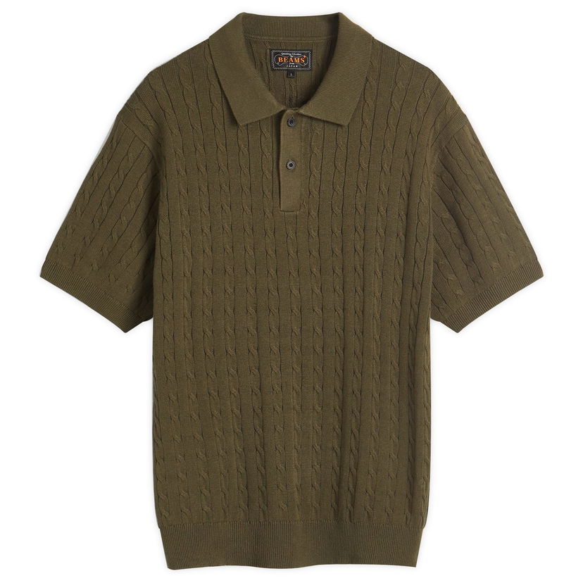 Polo tričko BEAMS Beams Plus Cable Knit Polo Shirt, Size Large Zelené | 3802-0022-103-67