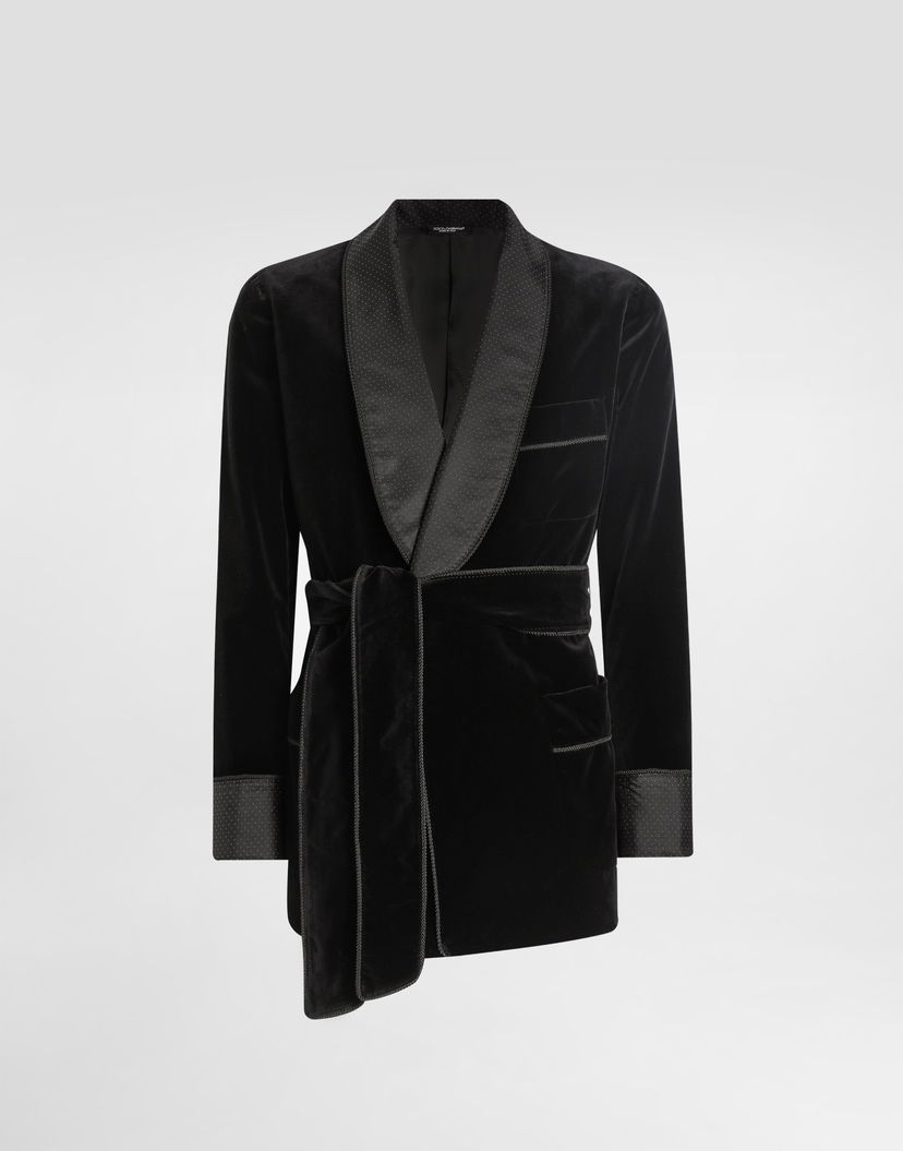 Pyžamo Dolce & Gabbana Dolce & Gabbana Smooth Velvet Robe with Polka-Dot Lapels and Braided Trim Čierna | G2VG0TFUVG7N0000