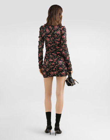 Šaty Dolce & Gabbana Small Rose Bouquets-print Long Sleeve High-neck Ruched Satin Dress Rôznofarebný | F60G2TFSA8GHN5XP, 2