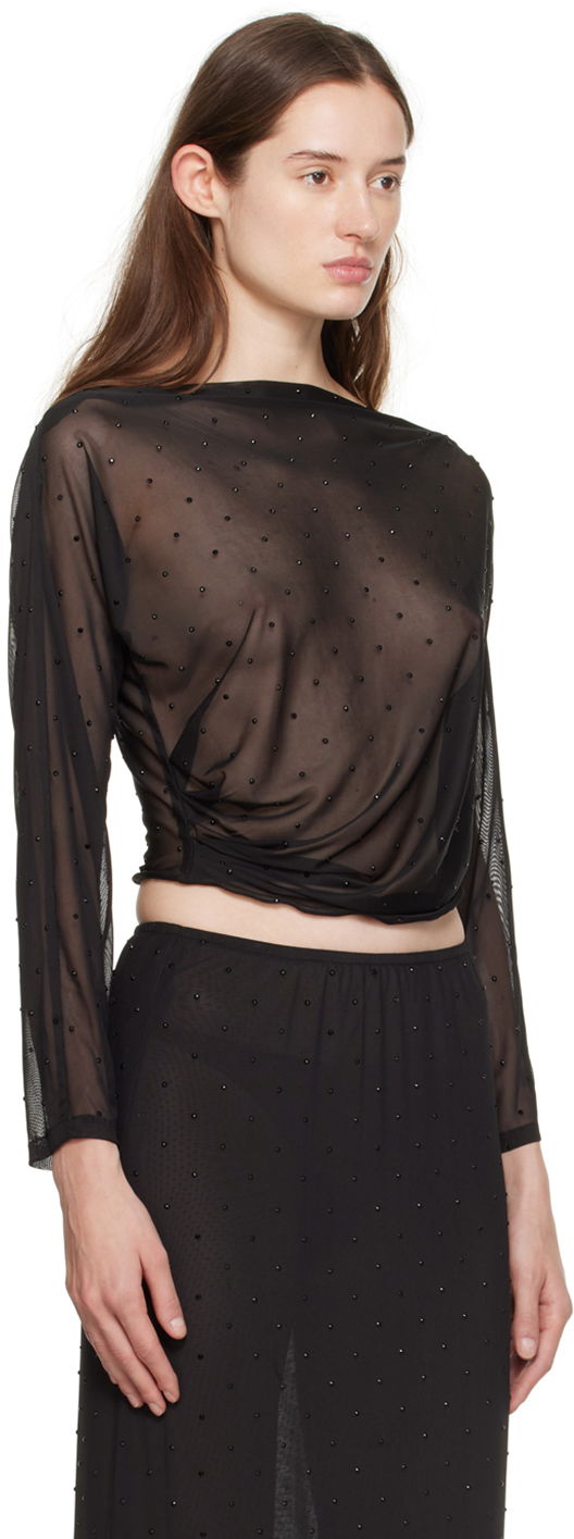 Crop Top Anna Sui Anna Sui Rhinestone Mesh Long Sleeve Top Čierna | 1024F22, 1