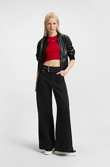 Nohavice BOSS Belted Wide-Leg Stretch-Cotton Satin Trousers Čierna | 50548143, 1