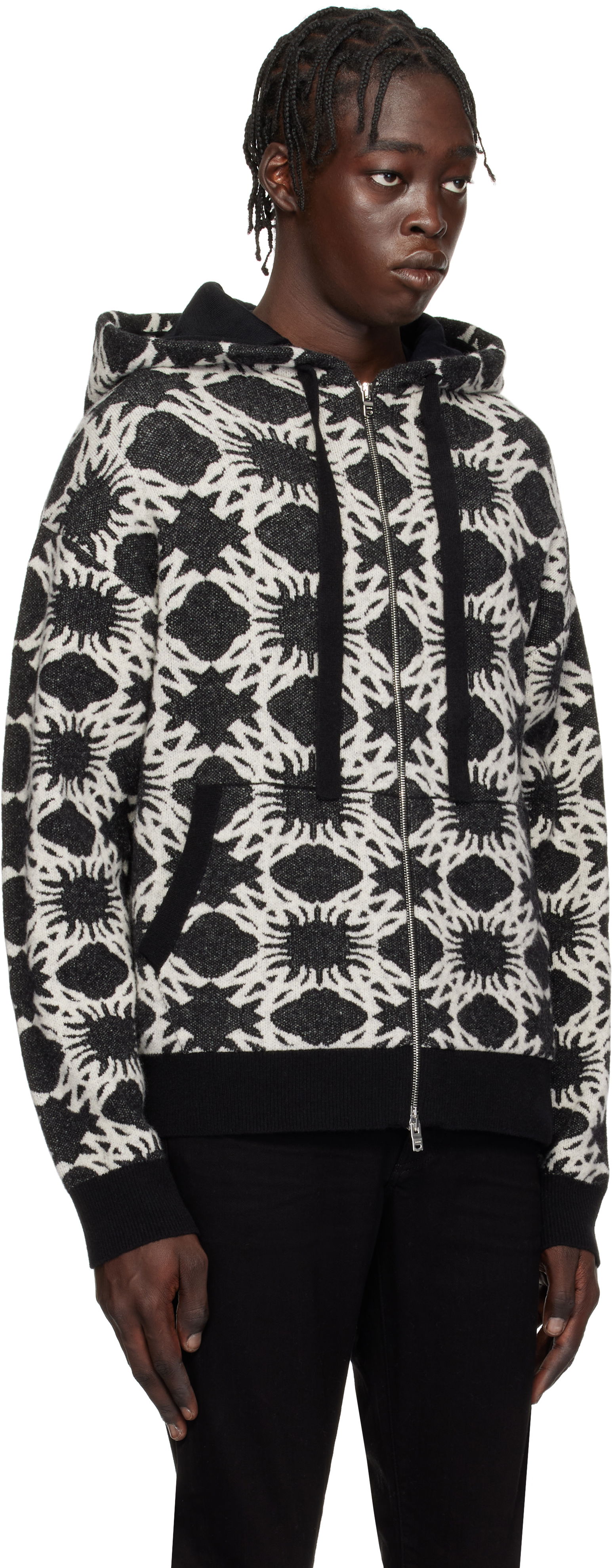 Geometric-Print Knit Zip-Up Hoodie