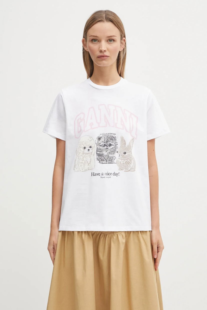 Tričko GANNI GANNI Basic Cotton Jersey Animals Relaxed T-Shirt Biela | T4376