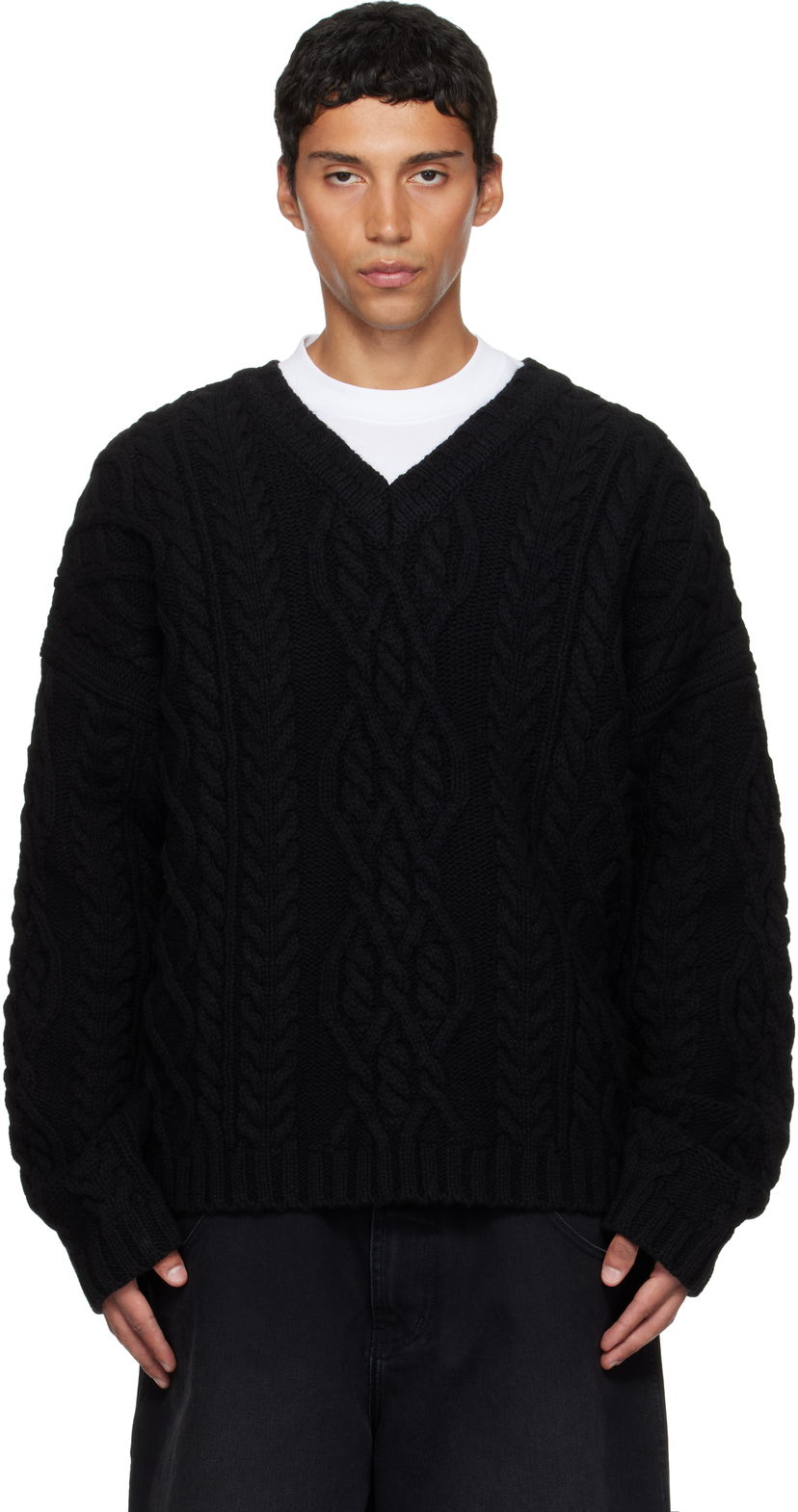 Sveter VETEMENTS VETEMENTS Cable Knit V-Neck Sweater Čierna | UH76KN600B