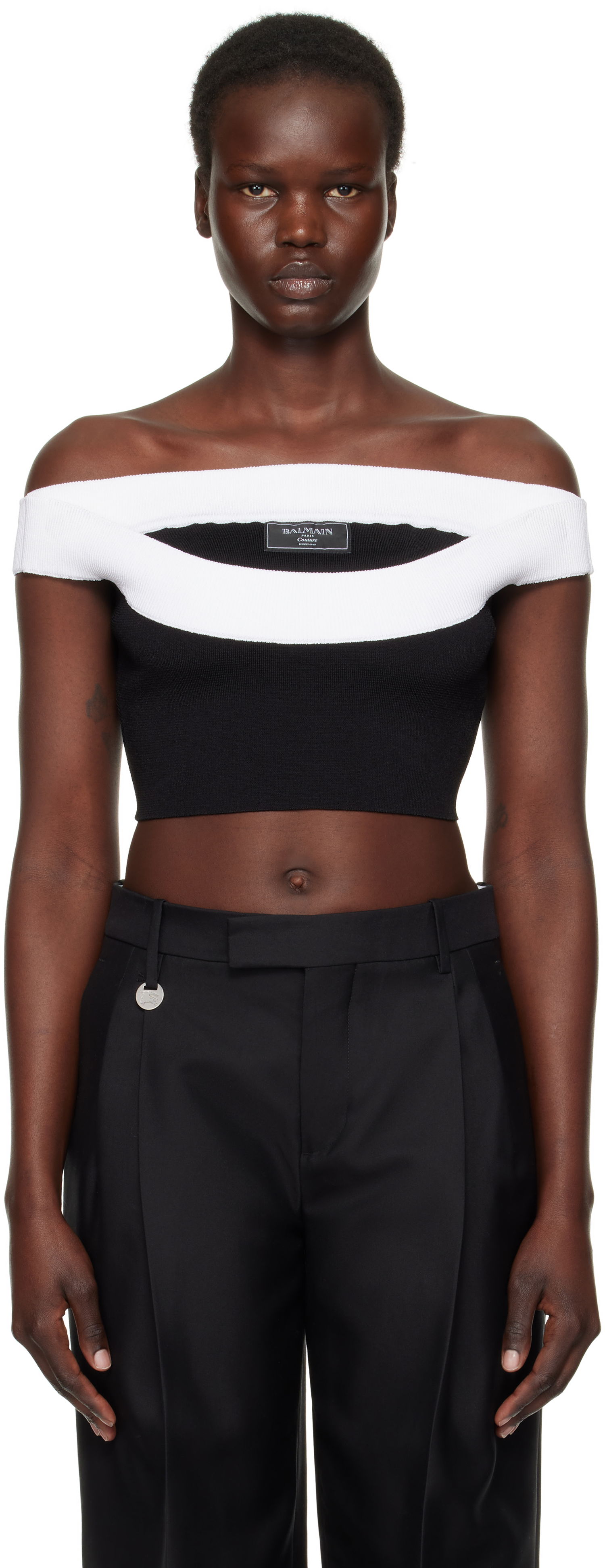 Sveter Balmain Balmain Two-Tone Knit Cropped Top Čierna | EF1AA375KH82, 0