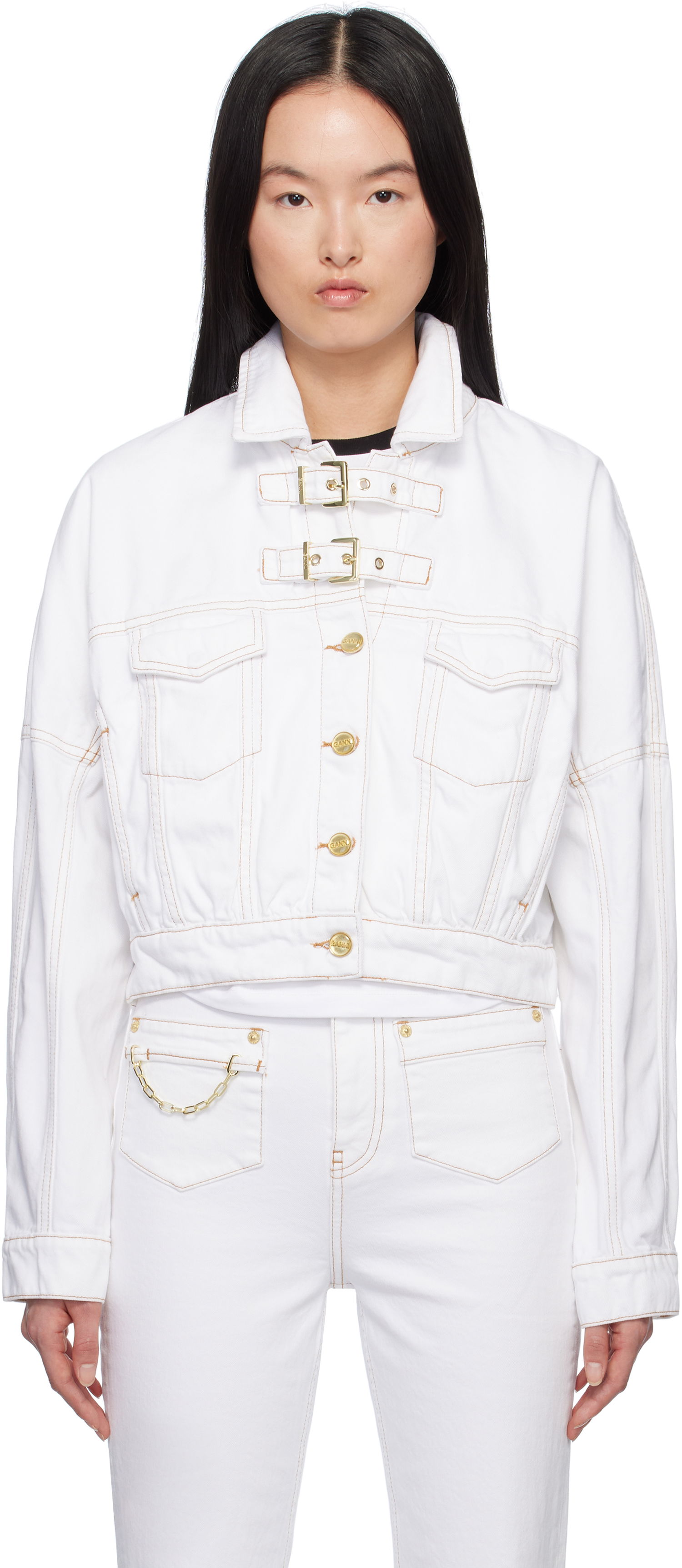 Bunda GANNI GANNI Pin-Buckle Cropped Denim Jacket Biela | J1658, 0