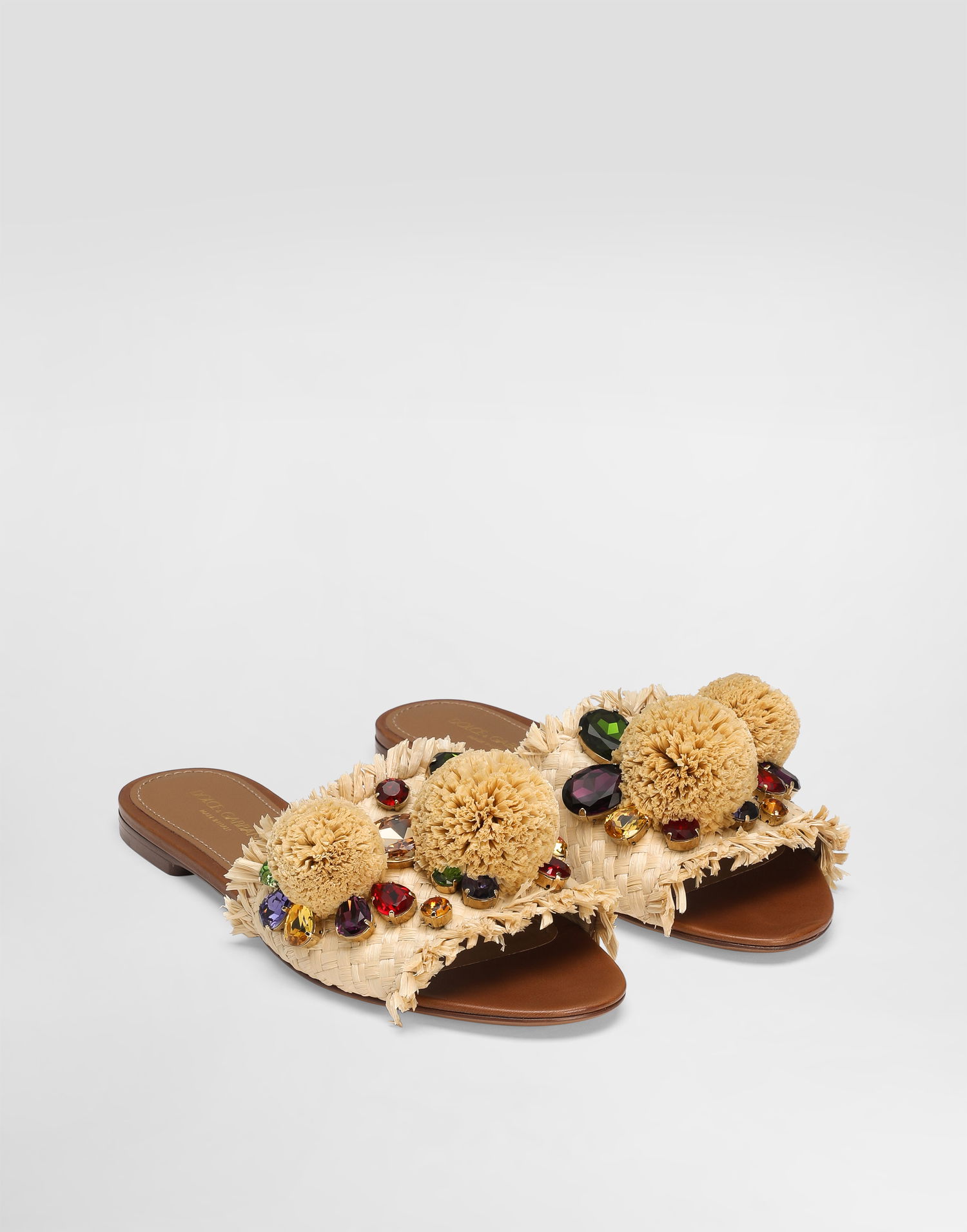 Doplnky Dolce & Gabbana Dolce & Gabbana Braided Fringed Raffia Slide Sandals with Pompoms and Jewels Béžová | CQ0648AM4478B139, 1