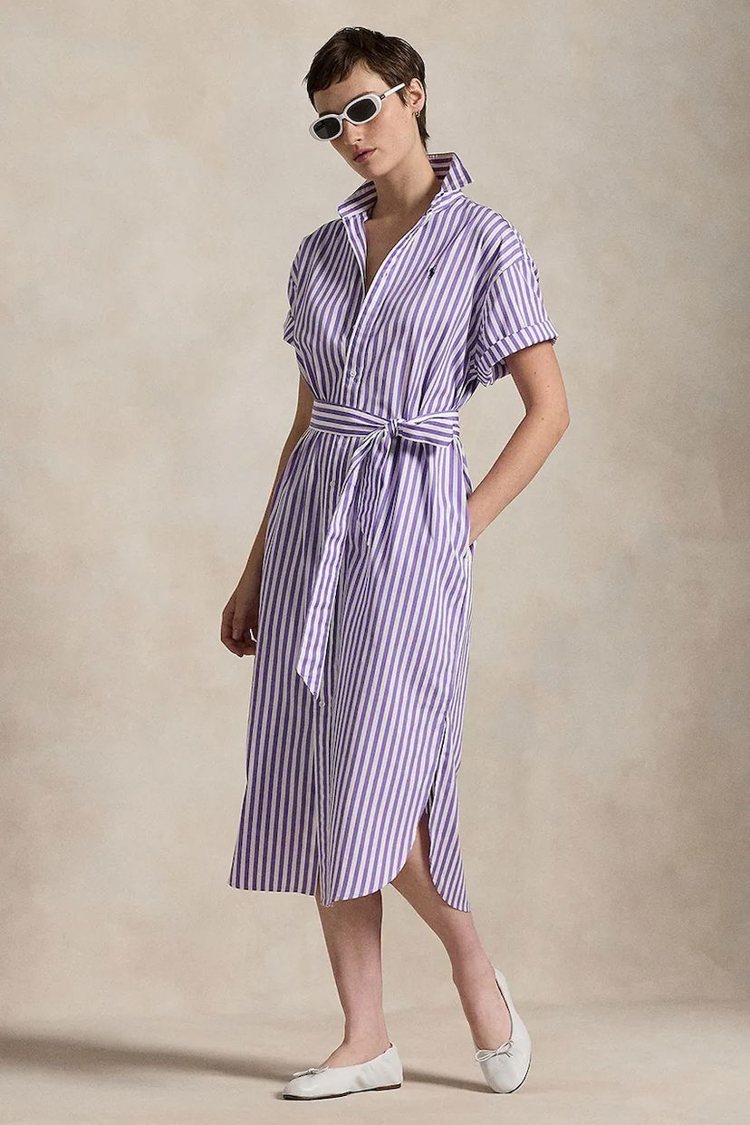 Šaty Polo by Ralph Lauren Cotton Striped Midi Polo Shirt Dress with Tie-Waist Rôznofarebný | 211959911