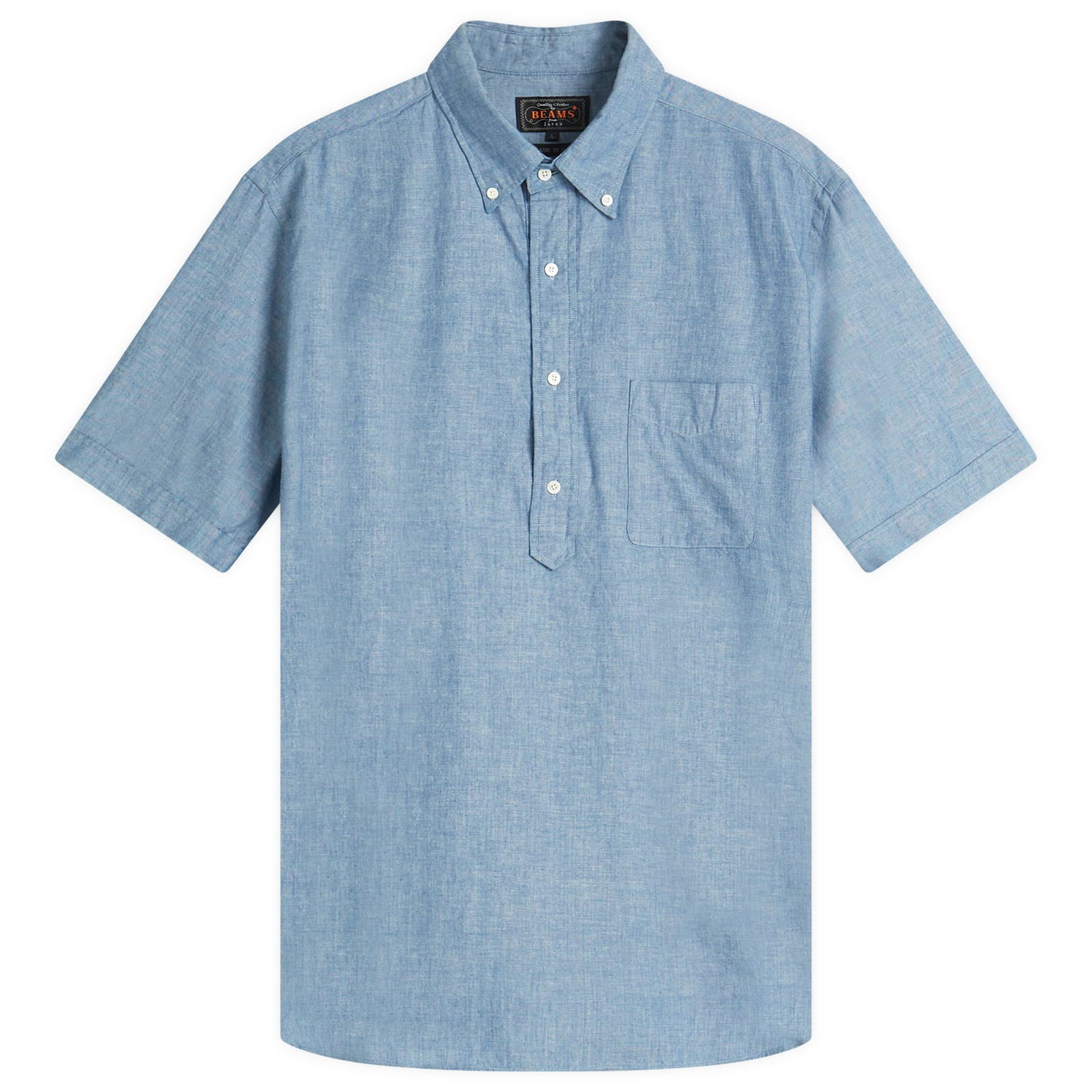 Košeľa BEAMS Beams Plus Button Down Popover Short Sleeve Chambray Shirt, Size Large Modrá | 3801-0034-139-75, 1