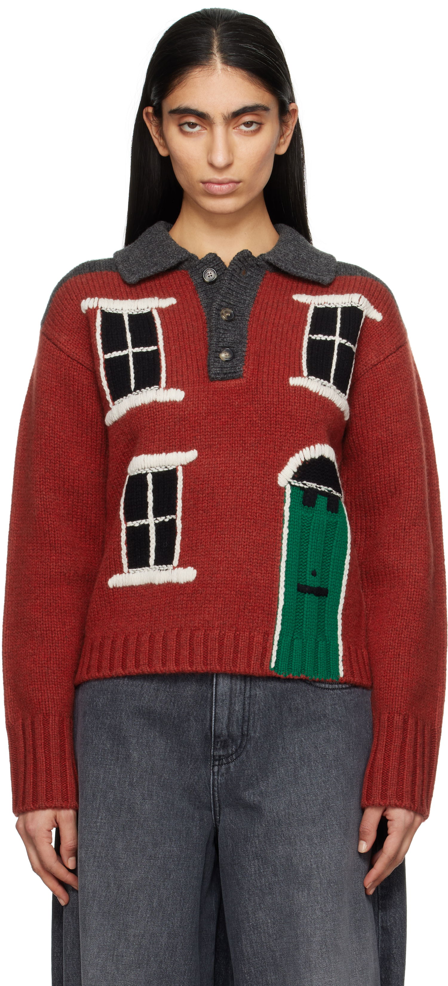 Sveter JW Anderson JW Anderson House Intarsia Polo Sweater Červená | KW1405-YN0413, 0