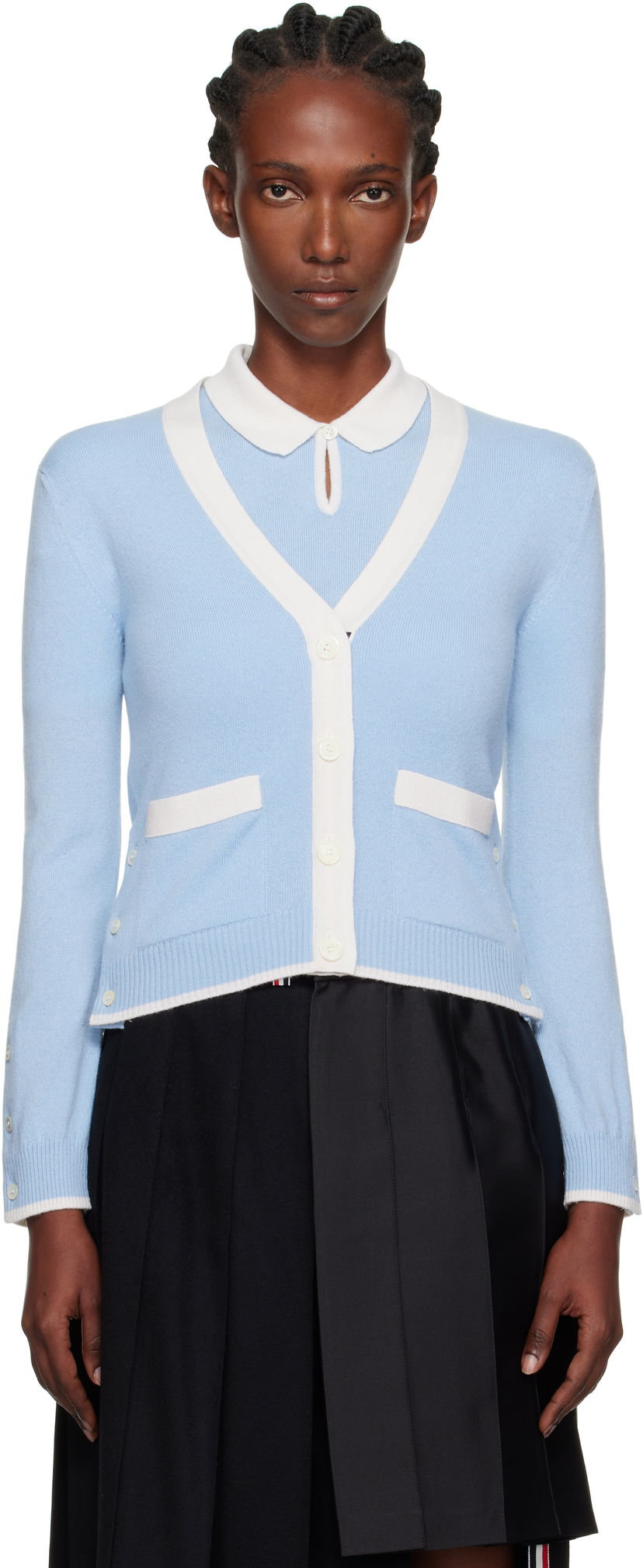Sveter Thom Browne Thom Browne Jersey Stitch Cashmere V-Neck Cardigan Modrá | FKC581A-Y2001