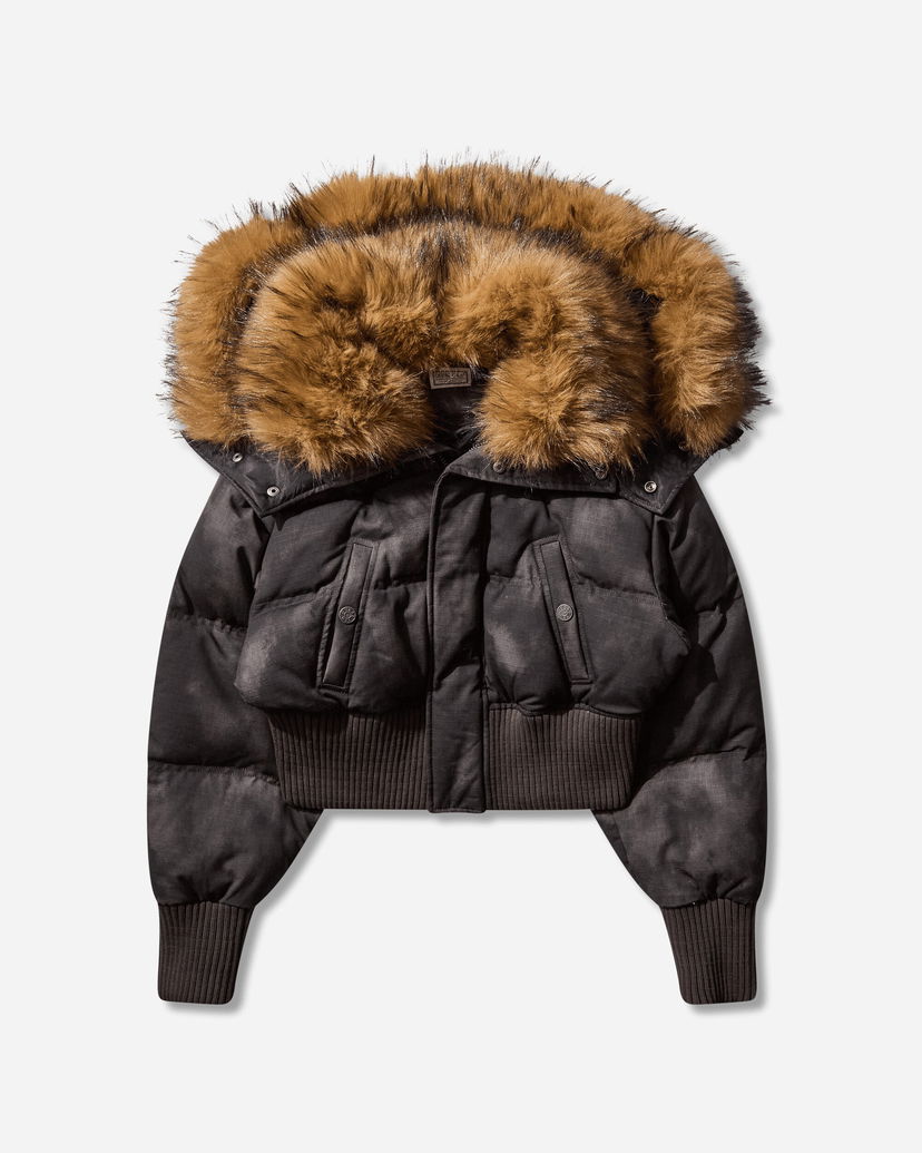 Prešívaná bunda GUESS Distressed Cropped Puffer Jacket with Faux Fur Hood Čierna | W5BL10WGF30 JTMU