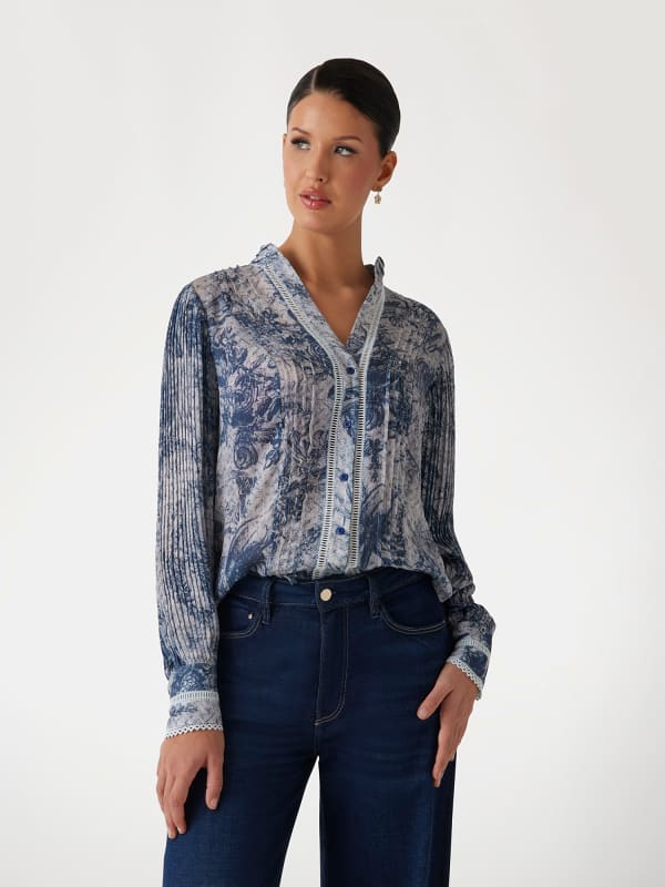 Košeľa GUESS Floral V-Neck Chiffon Blouse Modrá | W5RH16WDW82, 0