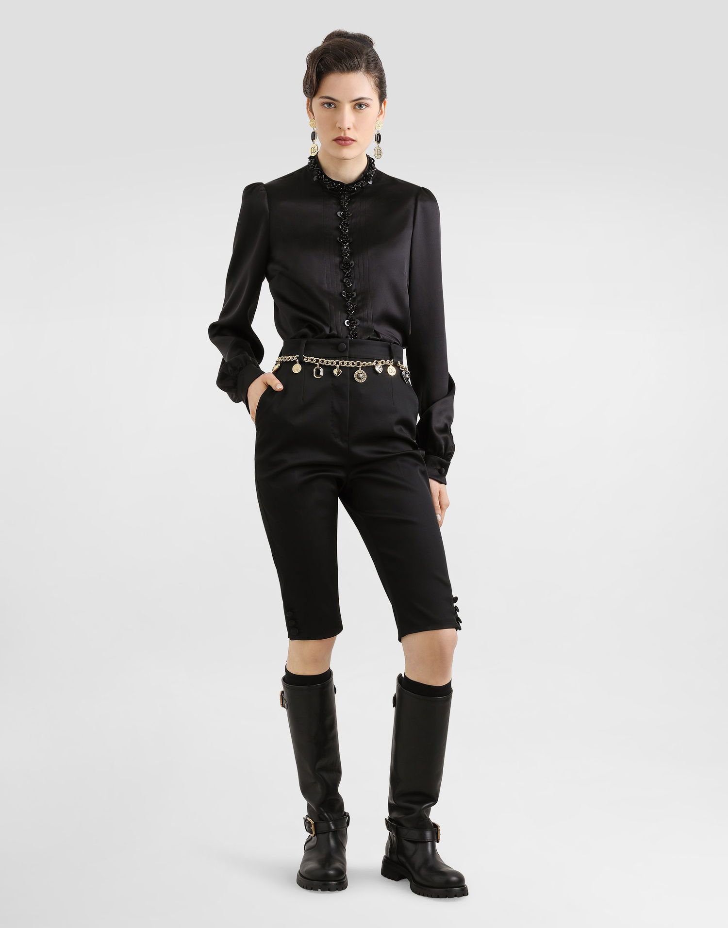 Košeľa Dolce & Gabbana Dolce & Gabbana Silk Satin Rosette Embellished High-Neck Blouse Čierna | F7BA6ZFU1AUN0000, 1