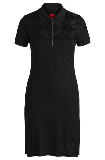 Šaty BOSS Jacquard Knit Dress with Logo Zip Placket Čierna | 50537774, 0