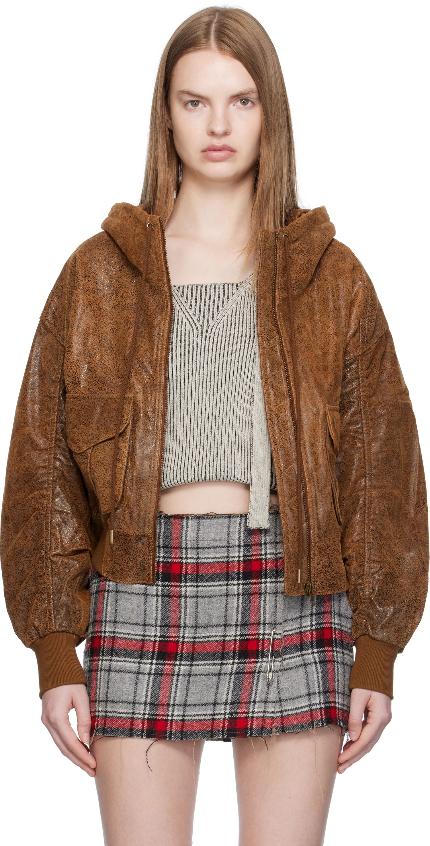 Bomber bunda R13 R13 Shirred Oversized Leather Bomber Jacket Hnedá | R13WR429-R540A, 0