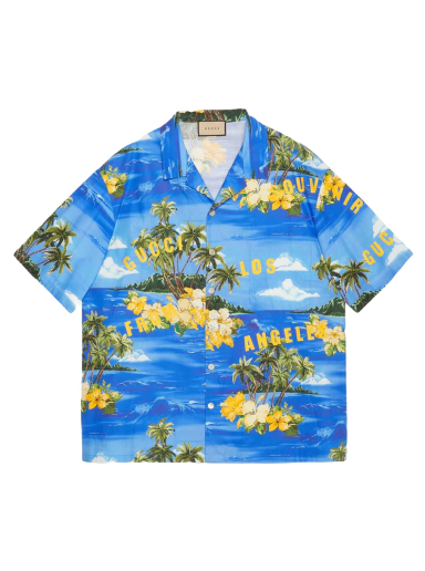 Košeľa Gucci Printed Cotton Bowling Shirt Modrá | 694125 ZAJSR 4464