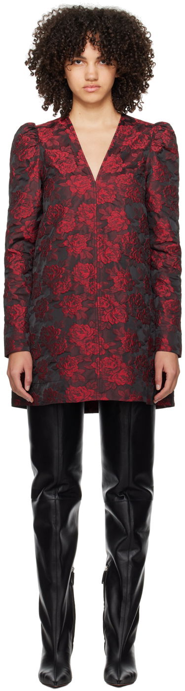 Šaty GANNI Floral Jacquard V-Neck Dress Červená | F8592, 0