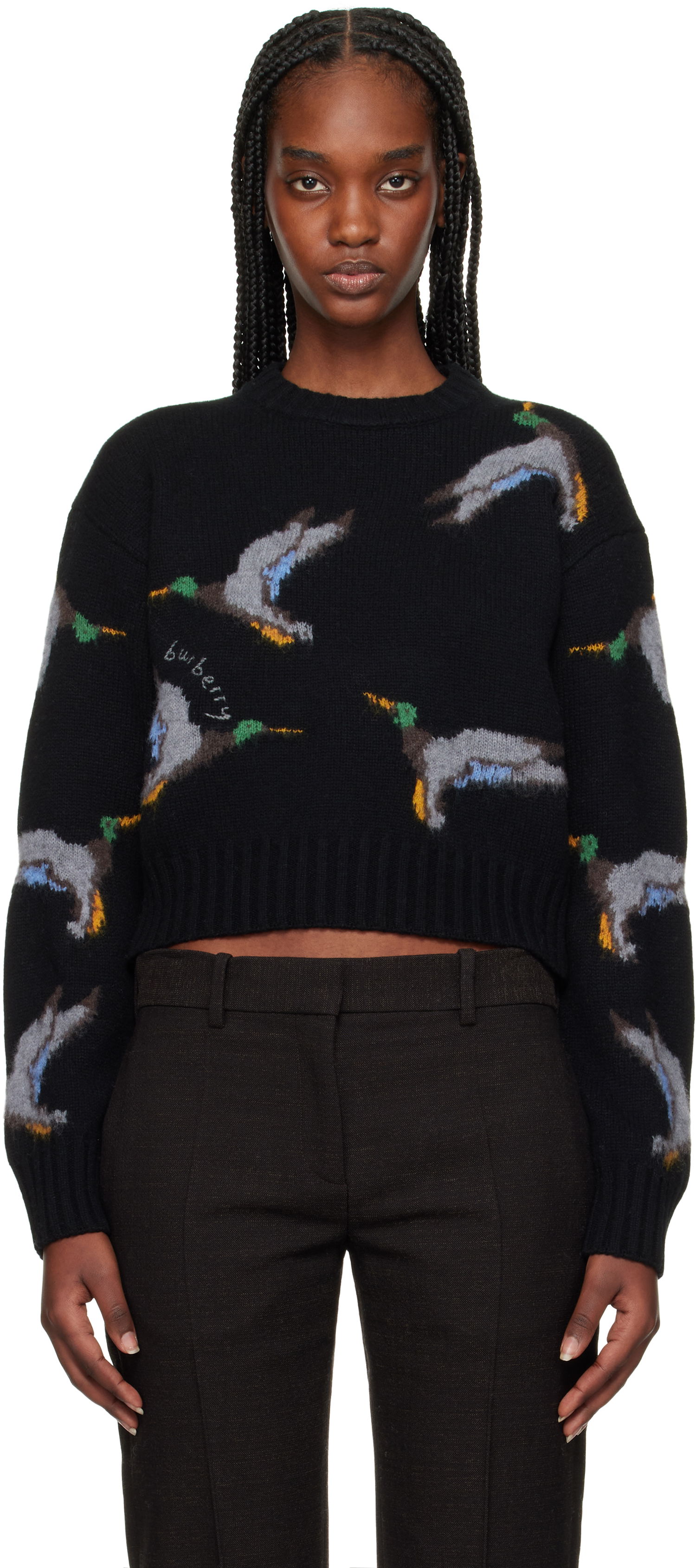 Sveter Burberry Burberry Cropped Duck Intarsia Wool Sweater Čierna | 8103057, 0