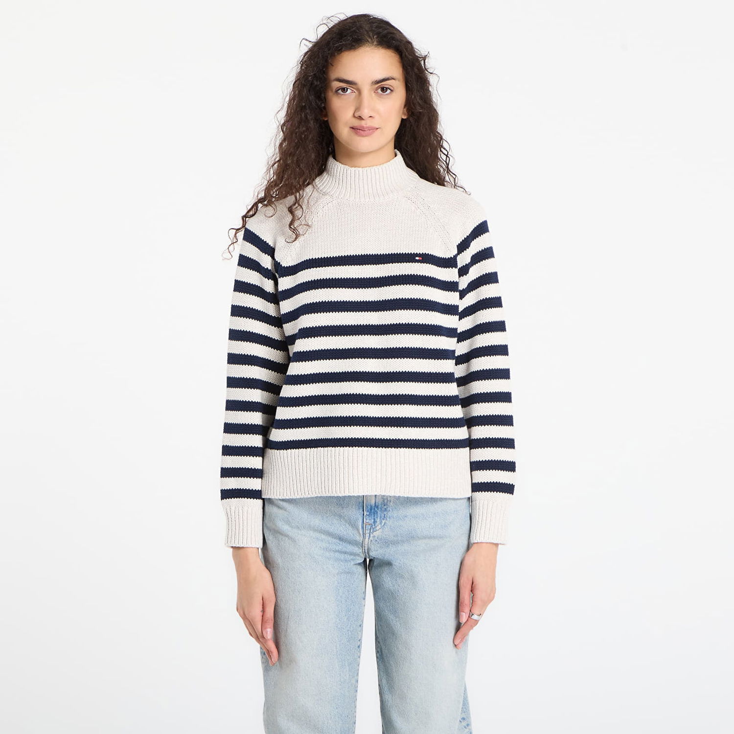 Sveter Tommy Hilfiger Cotton Blend Mock-Neck Long Sleeve English Stripe Sweater Béžová | WW0WW46759 0AI, 0
