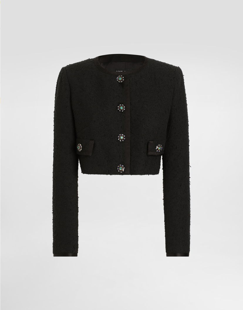 Bunda Dolce & Gabbana Rachel Cropped Basketweave Jacket with Embellished Buttons Čierna | F27IHZHUMWJN0000