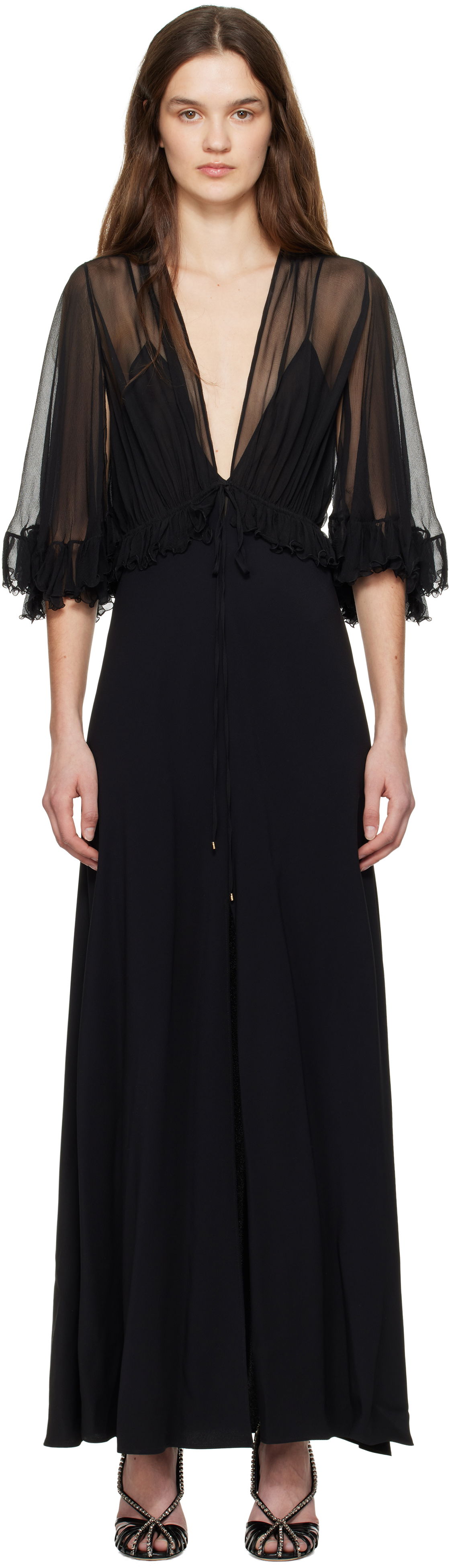 Šaty CHLOÉ Chloé V-Neck Ruffle Maxi Dress Čierna | CH25SRO26355, 0