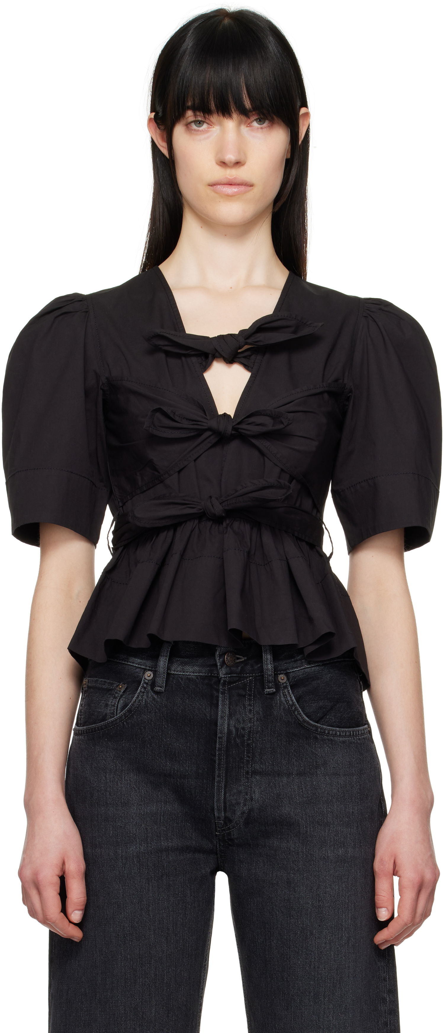 Crop Top GANNI Ganni Tie Strap Stretch Cotton Peplum Blouse Čierna | W0378, 0